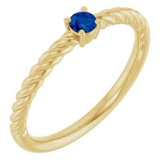 14K Yellow Gold Round 3 Mm Polished Lab-Grown Blue Sapphire Solitaire Rope Ring, Size 7