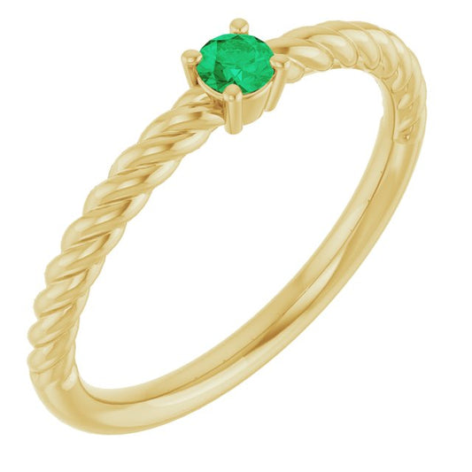 14K Yellow Gold Round 3 Mm Polished Lab-Grown Emerald Solitaire Rope Ring, Size 7
