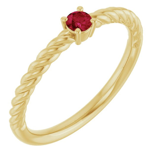 14K Yellow Gold Round 3 Mm Polished Lab-Grown Ruby Solitaire Rope Ring, Size 7