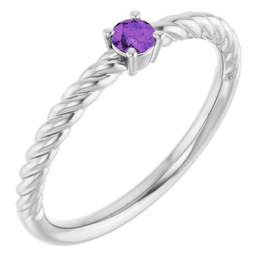 14K White Gold Round 3 Mm Polished Natural Amethyst Solitaire Rope Ring, Size 7