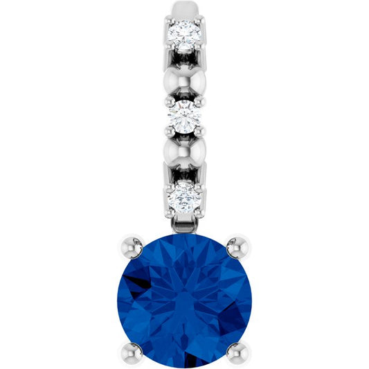 14K White Gold Or Sterling Silver Round  4Mm I1, G-H Polished Imitation Blue Sapphire And .01 Ctw Natural Diamond Charm/Pendant
