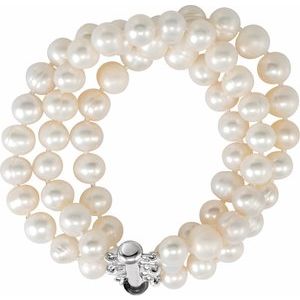 Sterling Silver Pearl 8.0-9.0 Mm  Cultured White Freshwater Pearl Bracelet, Length: 7.25 In