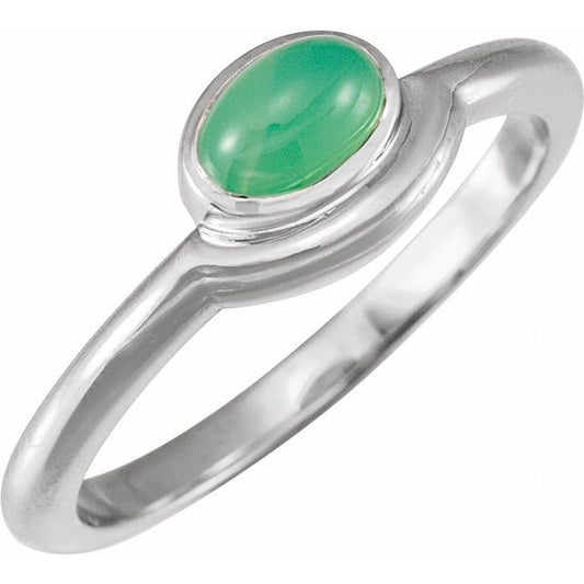 14K White Gold Oval 6 X 4 Mm Polished Natural Green Chrysoprase Cabochon Ring, Size 7
