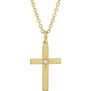14K Yellow Gold Round 1.2Mm G-H I1 .0075 Ct Natural Diamond Youth Cross Necklace, Length: 15 In