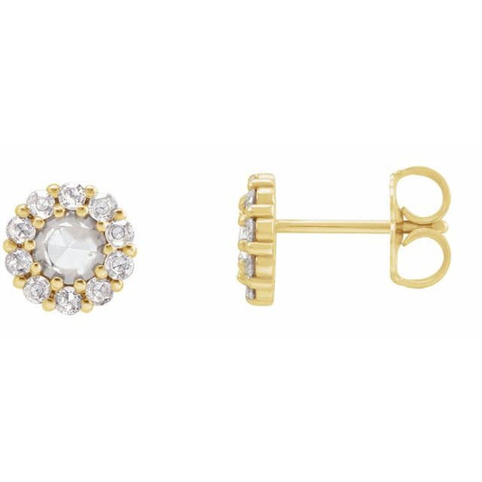 14K Yellow Gold 4 Mm Round Friction Back Polished 1/2 Ctw Rose-Cut Natural Diamond Halo-Style Earring
