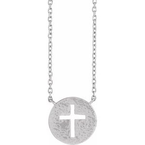 Sterling Silver 10 X 10 Mm 18 In Polished Hammered Disc With Pierced Cross Necklace