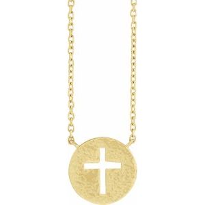 14K Yellow Gold 10 X 10 Mm 18 In Polished Hammered Disc With Pierced Cross Necklace