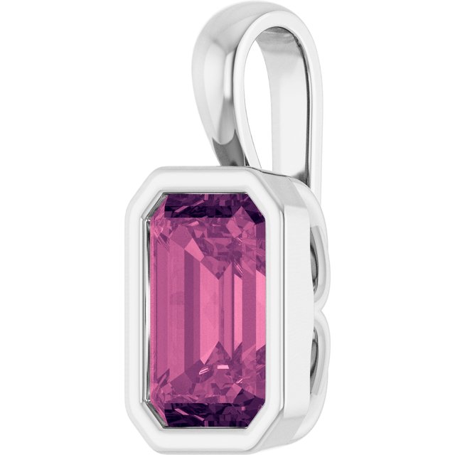14K White Gold Emerald 7 X 5 Mm Polished Natural Pink Tourmaline Pendant