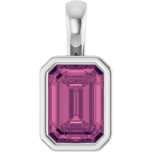 14K White Gold Emerald 7 X 5 Mm Polished Natural Pink Tourmaline Pendant
