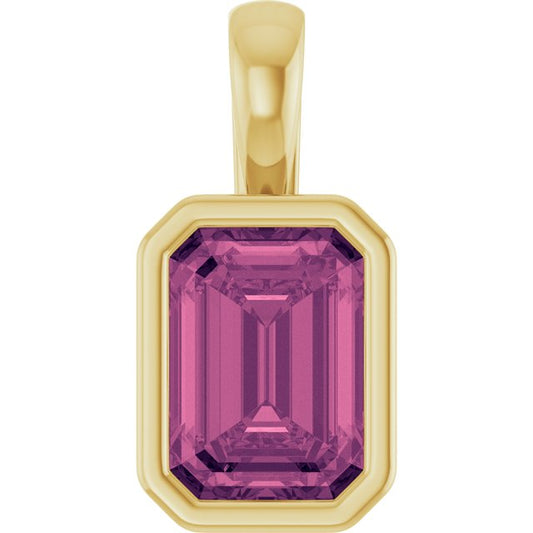 14K Yellow Gold Emerald  7 X 5 Mm Polished Natural Pink Tourmaline Pendant