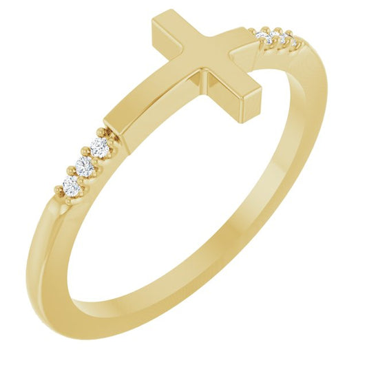 14K Yellow Gold Round 1.1 Mm Polished .025 Ctw Natural Diamond Stackable Sideways Cross Ring, Size 7
