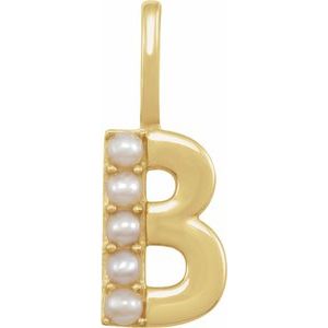 14K Yellow Gold Initial B Pearl 2 Mm Cultured White Freshwater Pearl Initial Pendant