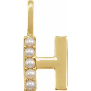 14K Yellow Gold Initial H Pearl 2 Mm Cultured White Freshwater Pearl Initial Pendant