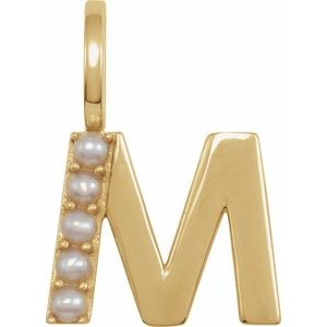14K Yellow Gold Initial M Pearl 2 Mm Cultured White Freshwater Pearl Initial Pendant