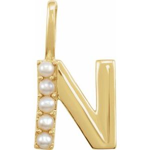 14K Yellow Gold Initial N Pearl 2 Mm Cultured White Freshwater Pearl Initial Pendant