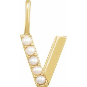14K Yellow Gold Initial V Pearl 2 Mm Cultured White Freshwater Pearl Initial Pendant