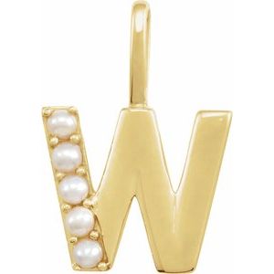 14K Yellow Gold Initial W Pearl 2 Mm Cultured White Freshwater Pearl Initial Pendant