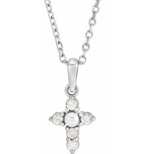 14K White Gold Pearl 2Mm G-H I1 Cultured White Seed Pearl And .07 Ctw Natural Diamond Petite Cross Necklace, Length: 18 In