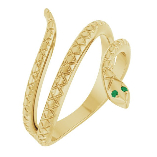 14K Yellow Gold Round 1 Mm Polished Natural Emerald Snake Ring, Size 7