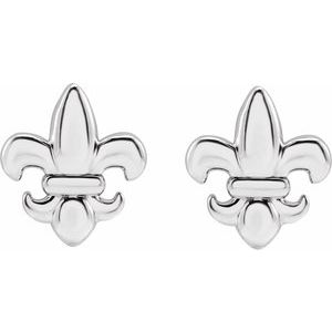 14K White Gold 8.25 X 7.3 Mm Pair Friction Backs Included Polished Metal Fleur De Lis Earrings