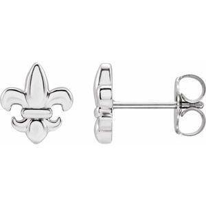 14K White Gold 8.25 X 7.3 Mm Pair Friction Backs Included Polished Metal Fleur De Lis Earrings