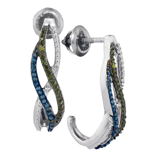 10K White Gold Womens Round Green Blue Color Enhanced Diamond Half J Hoop Earrings 1/4 Cttw