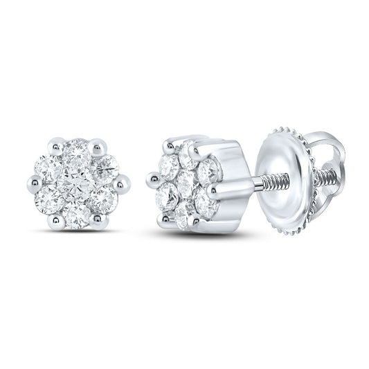 14K White Or Yellow Gold Womens Round Diamond Flower Cluster Earrings