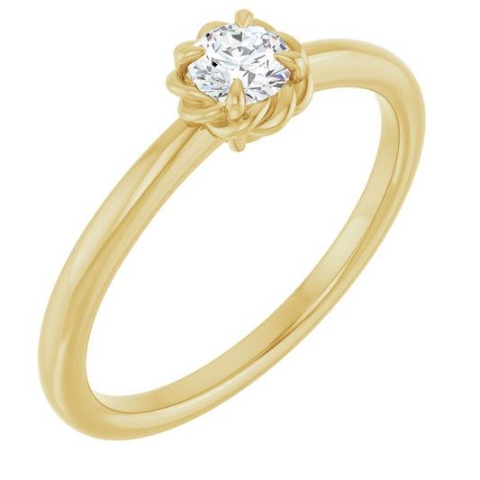 14K Yellow Gold Round 3.9 Mm Polished 1/5 Ct Natural Diamond Claw-Prong Solitaire Rope Ring, Size 7