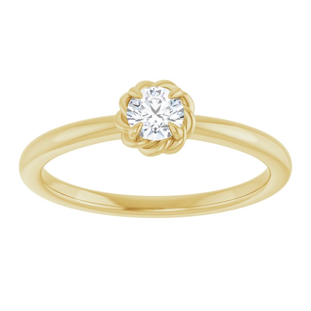 14K Yellow Gold Round 3.9 Mm Polished 1/5 Ct Natural Diamond Claw-Prong Solitaire Rope Ring, Size 7