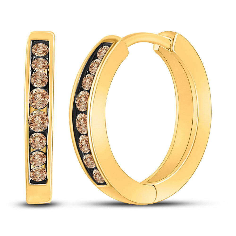 10K Yellow Gold Womens Round Brown Diamond Hoop Earrings 1/4 Cttw