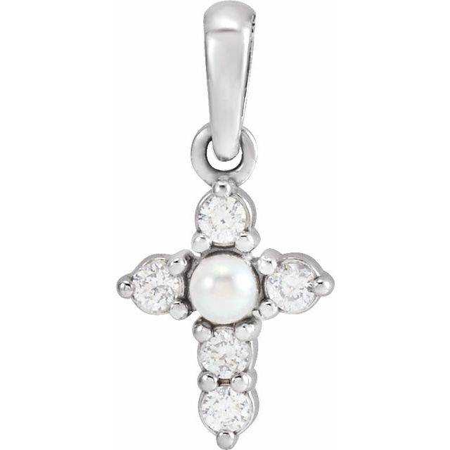 14K Yellow Or White Gold 2Mm I1, G-H Polished Cultured White Seed Pearl And .07 Ctw Natural Diamond Petite Cross Pendant
