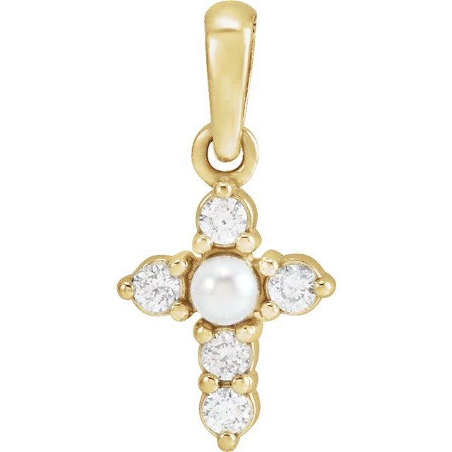 14K Yellow Or White Gold 2Mm I1, G-H Polished Cultured White Seed Pearl And .07 Ctw Natural Diamond Petite Cross Pendant