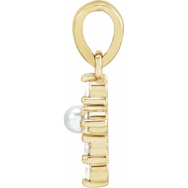 14K Yellow Or White Gold 2Mm I1, G-H Polished Cultured White Seed Pearl And .07 Ctw Natural Diamond Petite Cross Pendant