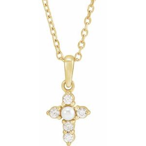 14K Yellow Gold Pearl 2Mm G-H I1 Cultured White Seed Pearl And .07 Ctw Natural Diamond Petite Cross Necklace, Length: 18 In
