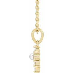 14K Yellow Gold Pearl 2Mm G-H I1 Cultured White Seed Pearl And .07 Ctw Natural Diamond Petite Cross Necklace, Length: 18 In