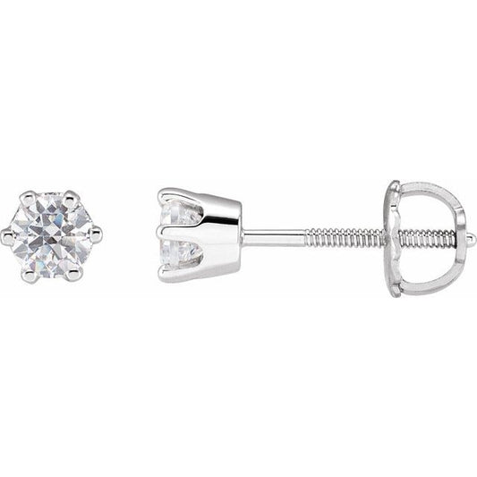 14K White Gold Round Pair 4 Mm Threaded 6-Prong Polished Imitation White Cubic Zirconia Stud Earrings
