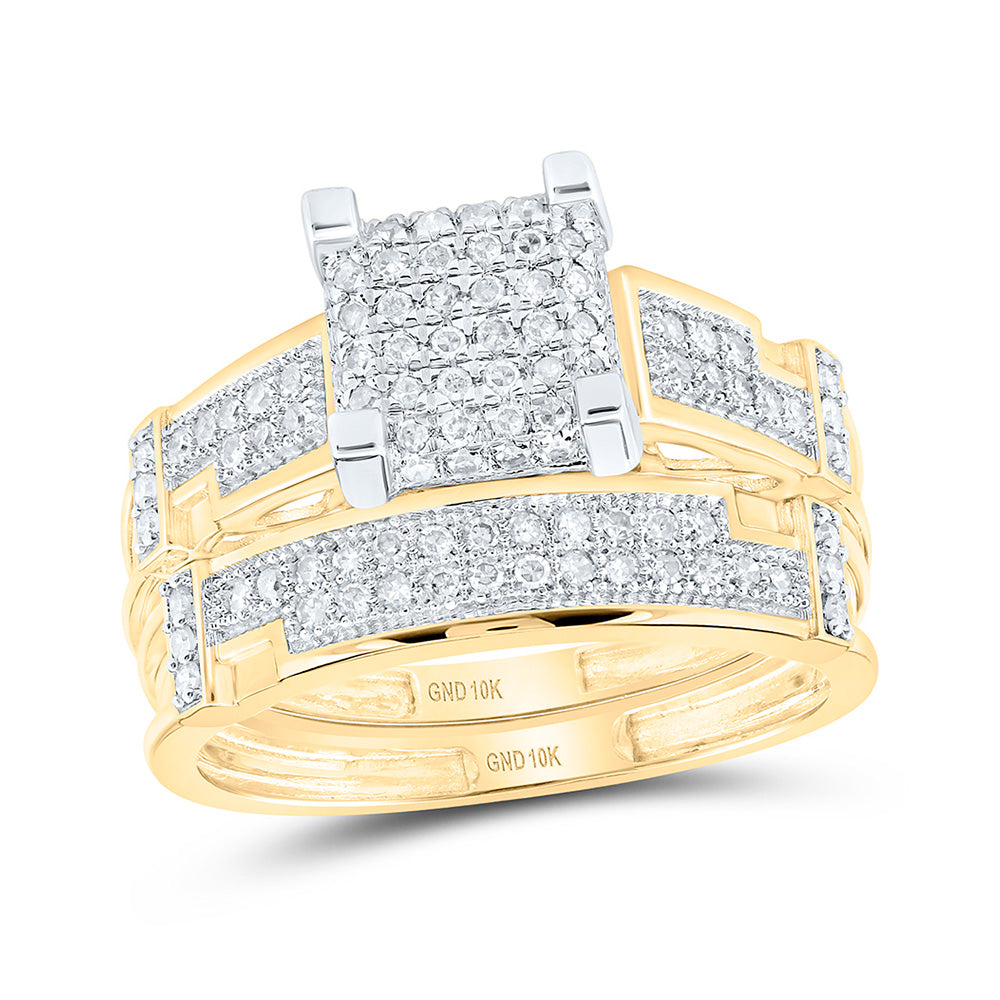 10K Yellow Gold His Hers Round Diamond Square Matching Wedding Set 1/2 Cttw, Womens Size: 5-10, Mens Size: 7-13