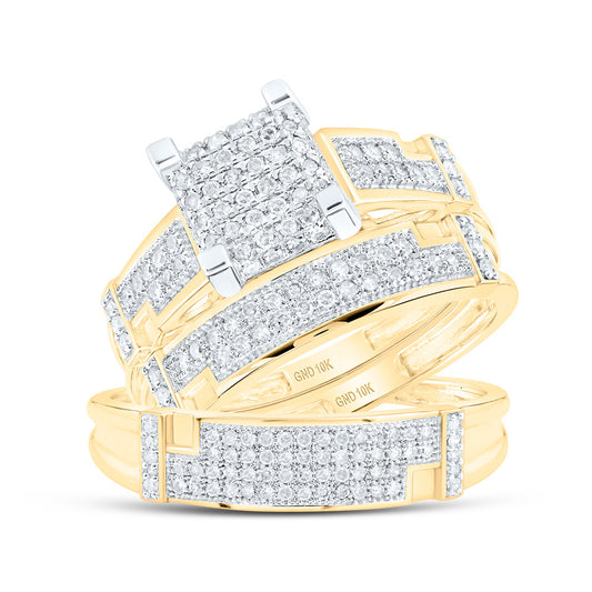 10K Yellow Gold His Hers Round Diamond Square Matching Wedding Set 1/2 Cttw, Womens Size: 5-10, Mens Size: 7-13