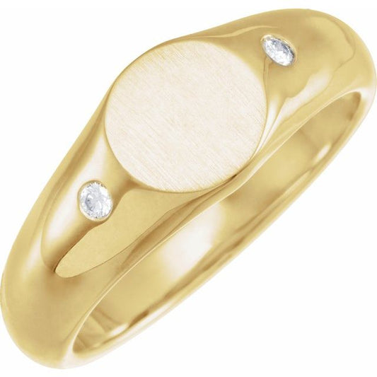 14K Yellow Gold Round 2 Mm Polished .06 Ctw Natural Diamond Engravable Signet Ring, Size 10