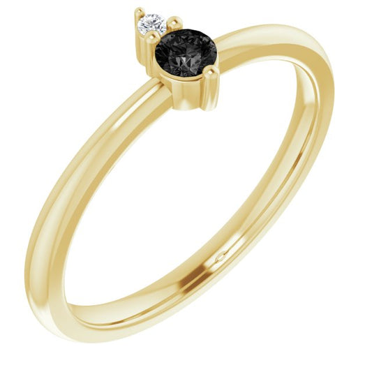 14K Yellow Gold Round 3 Mm Polished Natural Onyx And .015 Ct Natural Diamond Ring, Size 7