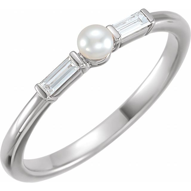 14K White Gold 3 Mm Polished White Seed Pearl And 1/8 Ctw Diamond Ring, Size 7