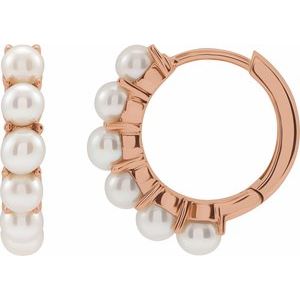 14K Rose Gold Pair 3.5 Mm Cultured White Freshwater Pearl Hoop Earrings, Length: 15.5 Mm, Thickness: 3.3 Mm