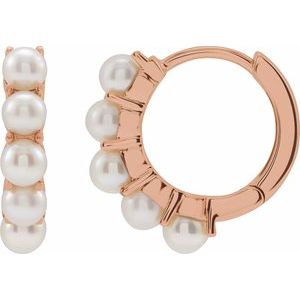 14K Rose Gold Pair 3.5 Mm Cultured White Freshwater Pearl Hoop Earrings, Length: 13.98 Mm, Thickness: 3.3 Mm
