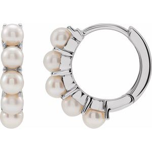 14K White Gold Pair 3.5 Mm Cultured White Freshwater Pearl Hoop Earrings, Length: 13.98 Mm, Thickness: 3.3 Mm