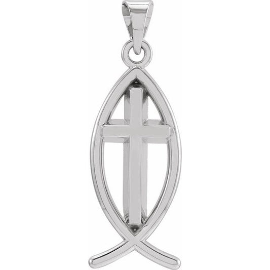 14K White Gold 14 X 6 Mm Polished Fish With Cross Pendant