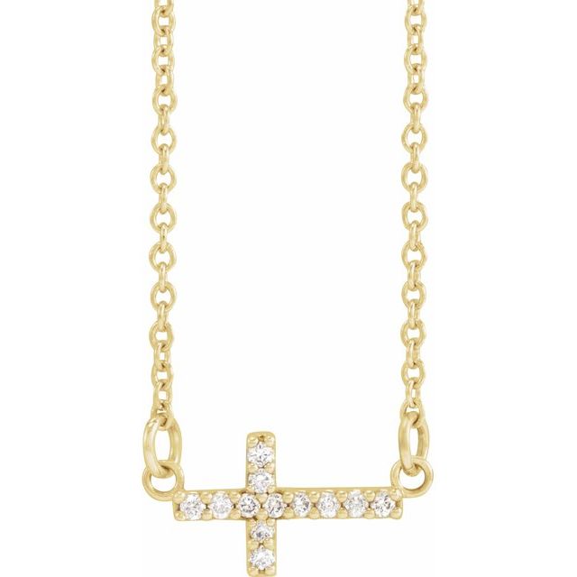 14K Yellow Gold Round 12.03 X 5.96 Mm 1Mm I1, G-H 16-18 In Polished .05 Ctw Natural Diamond Sideways Cross Necklace