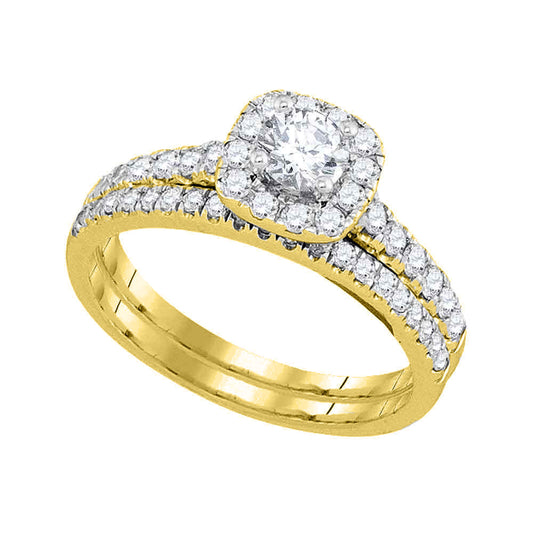 14K Yellow Gold Round Diamond Halo Bridal Wedding Ring Band Set 1 Cttw, Womens Size: 5-10