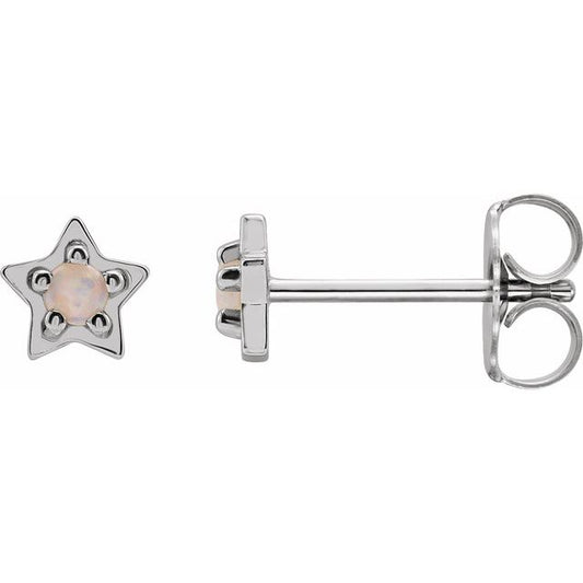 14K White Gold 2 Mm Round Friction Back .37 In Polished Natural White Opal Cabochon Petite Star Earrings