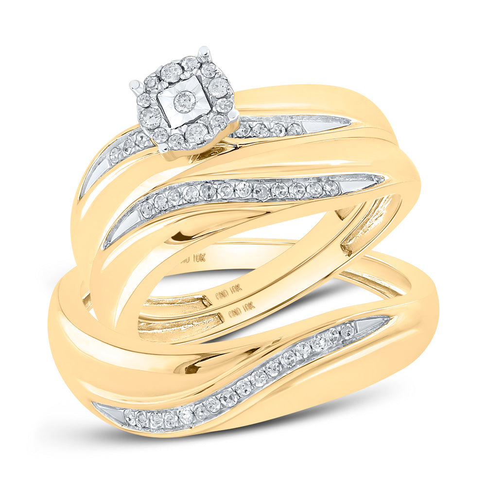 10K Yellow Or White Gold  Round Diamond Mens Womens Trio Matching Halo Wedding Bridal Ring Set 1/5 Cttw, Womens Size: 5-10, Mens Size: 7-13