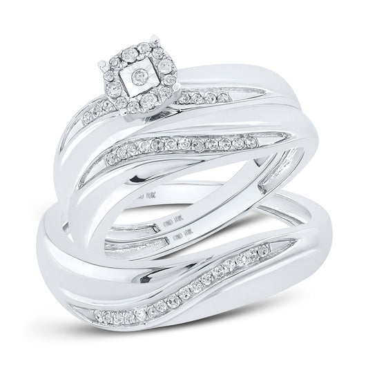 10K Yellow Or White Gold  Round Diamond Mens Womens Trio Matching Halo Wedding Bridal Ring Set 1/5 Cttw, Womens Size: 5-10, Mens Size: 7-13
